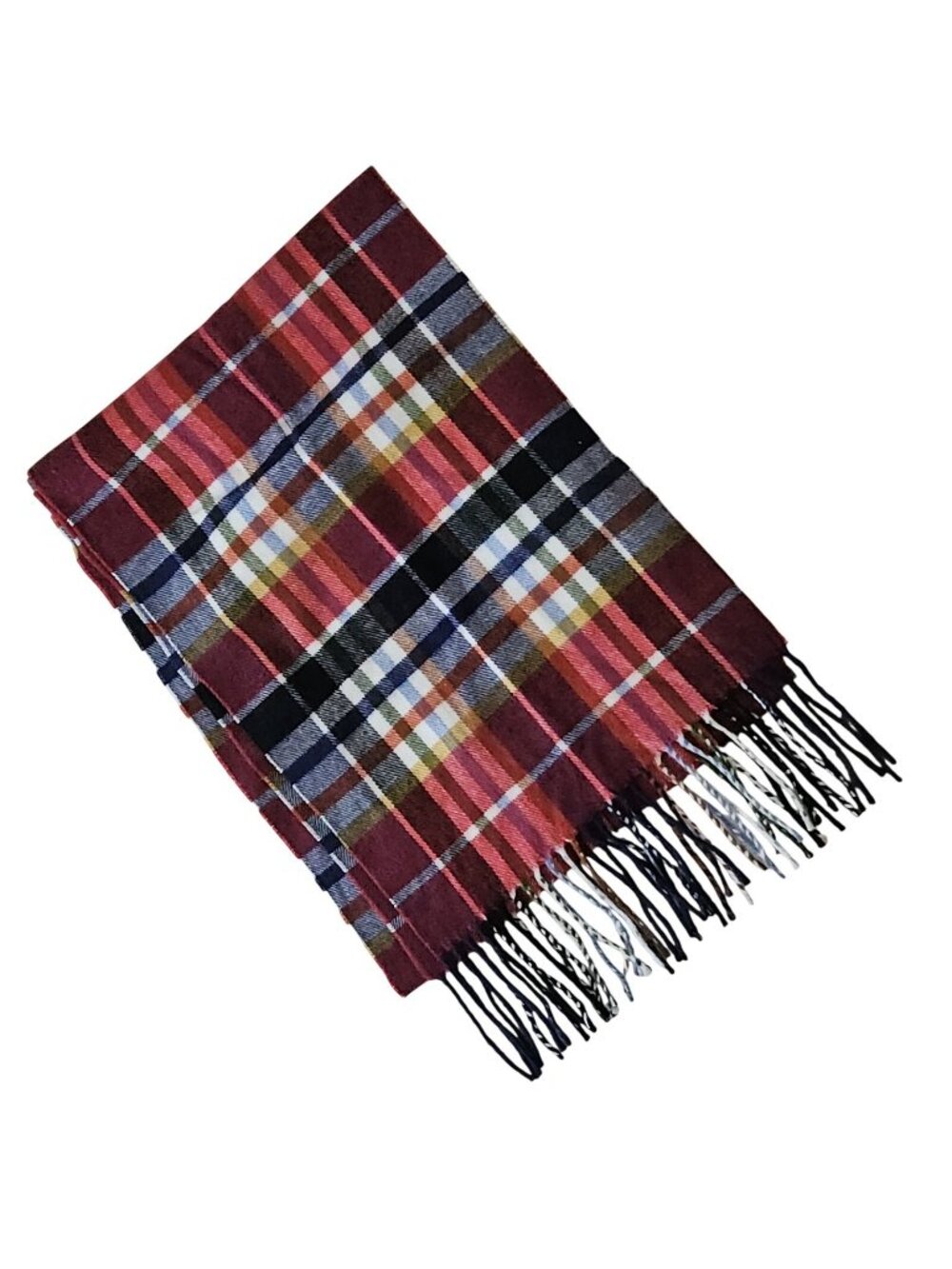 Cashmere Cotton Blend Red & Blue Plaid Fringe Winter Scarf